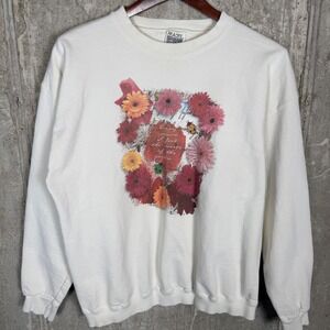 Vintage Maze Floral Garden Ladybug Sweatshirt Cream Womens Large Made in USA 90s